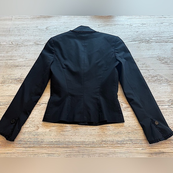 TRINA Turk Womens Ruffle Trim Black Blazer Jacket Lined 3 Silver Buttons 4 - Picture 13 of 14